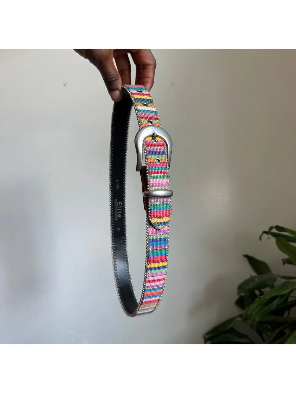 Rare Elite Fresno CA Multicolor Woven Striped Belt with Silver Beaded Trim - M